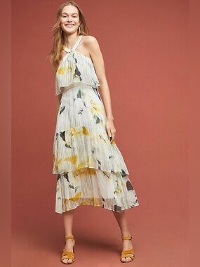 Anthropologie White Pleated Floral Halter Midi Dress with Yellow Accents